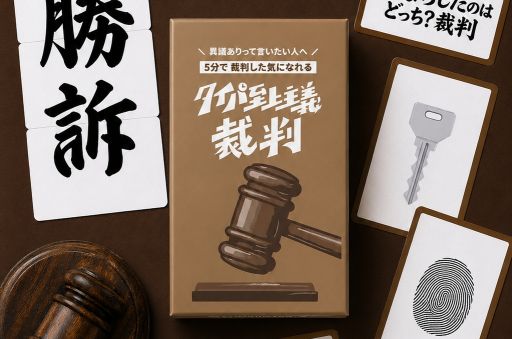 画像ギャラリー No.001のサムネイル画像 / 裁判官役が使う本格ガベル（木槌）も付属したボードゲーム「タイパ至上主義 裁判」，6月1日に発売。ゲームマーケット2026春で先行販売も実施
