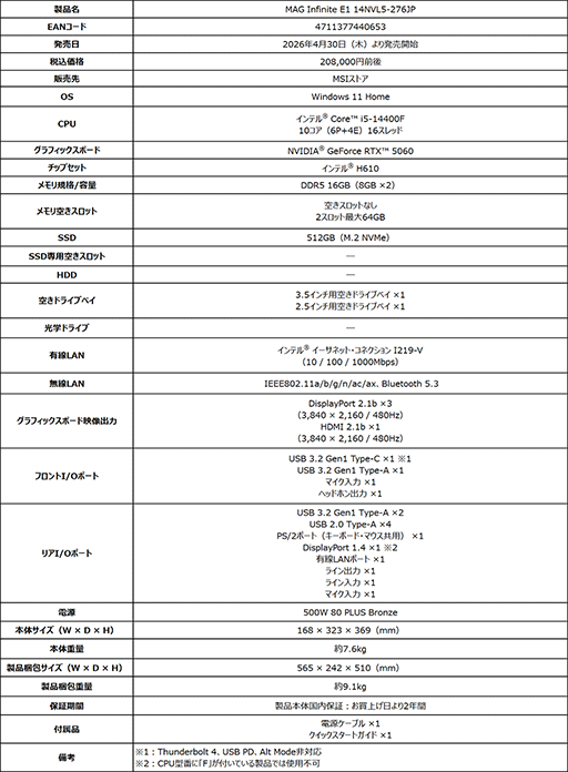 画像ギャラリー No.005のサムネイル画像 / RTX 5060搭載で約21万円のエントリー向けゲーミングPC「MAG Infinite E1」が4月30日に発売