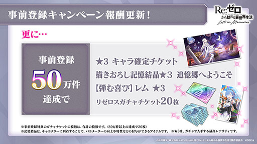 画像ギャラリー No.002のサムネイル画像 / 「リゼロス」の事前登録キャンペーンに新たな目標が追加。50万件達成で★3 キャラ確定チケットをもらえる